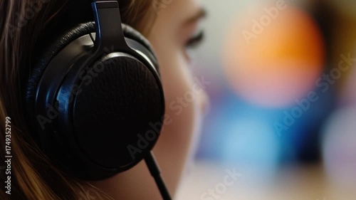 Close-up photo of someone wearing headphones, perfect for use in music or technology-related contexts