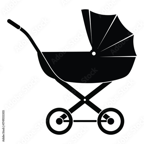 Classic black silhouette baby stroller icon for newborn transport and child carriage photography and design silhouette