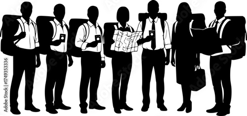 Global Business Travelers Group Silhouette - Tourism Teamwork Vector	
