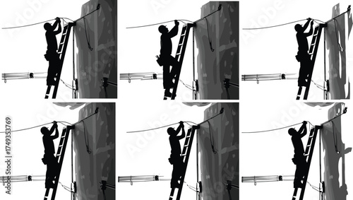 Utility worker silhouette on ladder repairing power lines in six panel vector set showing digital drawing stages and techniques.