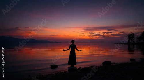 Silhouette of women standing in meditation on the beach shore at sunset.