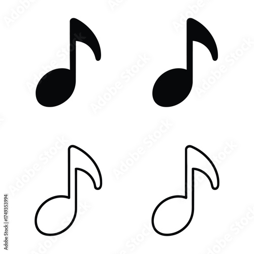 Set of Eighth Note Icons – Black and Outline Variants Depicting Musical Notation for Education, Audio Design, and Creative UI Applications