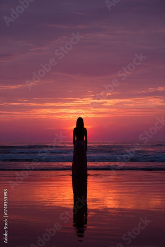Silhouette of women standing in meditation on the beach shore at sunset.