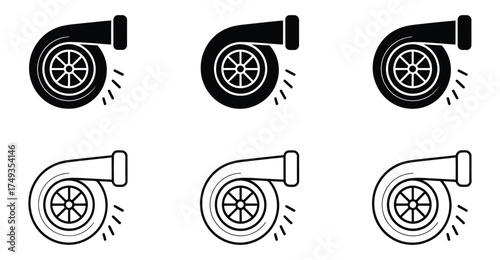 Set of Turbocharger Icons – Black and Outline Variants with Motion Lines Depicting Engine Boost, Airflow, and Automotive Performance Design