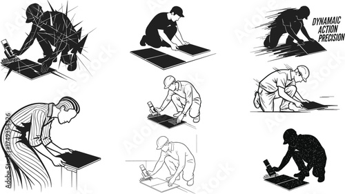Worker silhouette applying adhesive with handheld tool on surface in dynamic poses, precision action, artistic styles, construction vector illustration