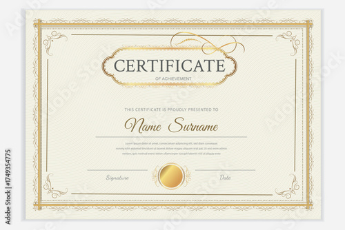 Classic certificate template with gold vintage details and a frame. Editable vector layout for diplomas, awards, and official documents.

