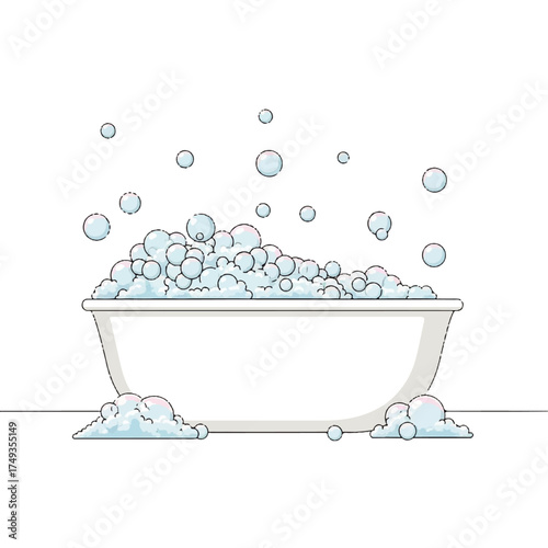 A cartoon illustration of a bathtub overflowing with bubbly, foamy suds and floating bubbles.