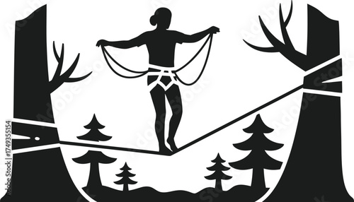 Silhouette of a person balancing on a slackline between two trees in a forest setting