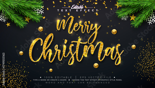 Merry Christmas Text Effect Design Editable Vector Graphic Style with Golden Glitter Typography Lettering, Fir Branch and Ornaments on Black Background. Winter Holiday Scalable Illustration Template