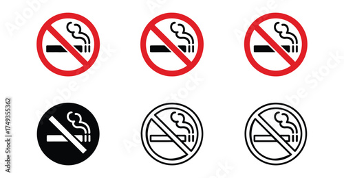 Set of No Smoking Signs in Multiple Styles – Red, Monochrome, and Minimal Variations for Public Health, Safety, and Regulatory Use