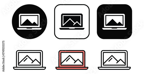 Set of six stylized laptop icons displaying mountain landscapes, ideal for media, gallery, travel, and digital interface design themesPr 