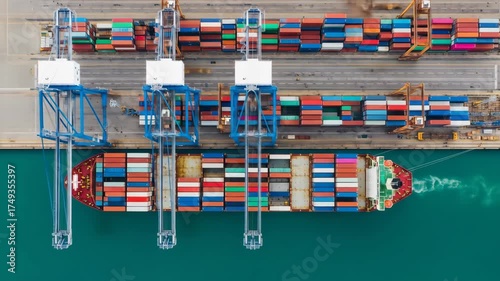 Container ship at port with gantry cranes loading and unloading cargo containers, global logistics concept scene.
