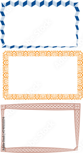Three decorative rectangular frames stacked vertically with different patterned borders in blue orange and pink on a white background perfect for text or images