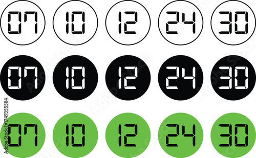 Time, week, month, date. Update history icons vector illustration. white, black and green time, day, month, 7, 10, 12, 24, 30