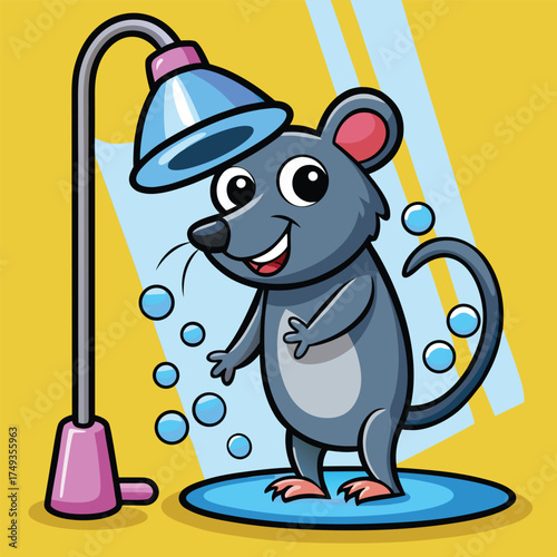 Cartoon mouse taking a shower illustration for children and design