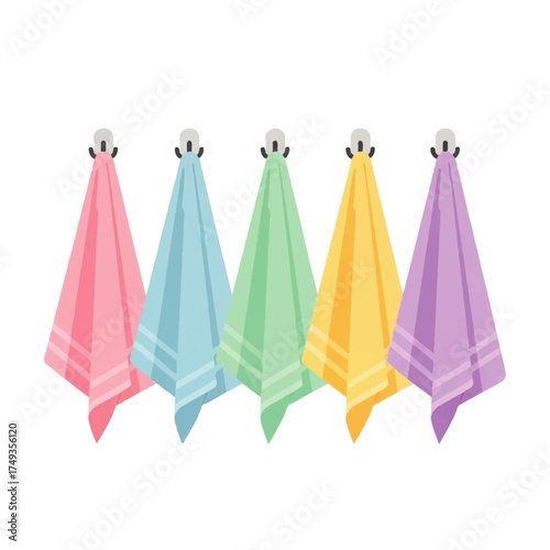 Five colorful towels hanging on hooks against a white background, showcasing a clean and organized aesthetic.