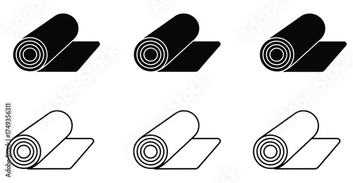  Set of six rolled mat icons in solid and outline styles—ideal for yoga, fitness, wellness, exercise, and instructional or product visuals