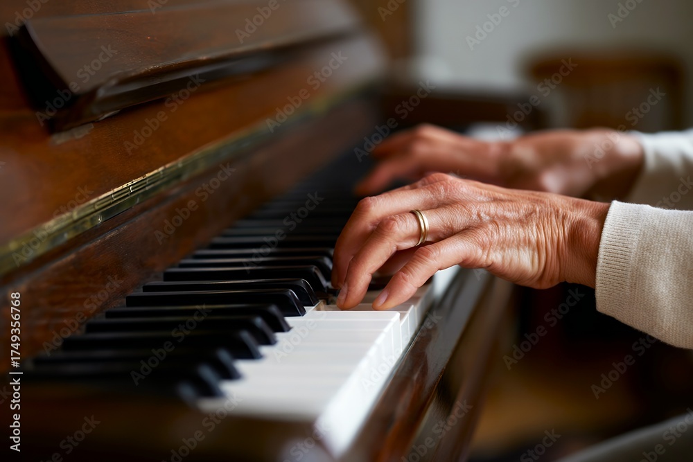 Obraz premium Fingers Tapping Gently on Piano Keys Creating Calming Sounds During Piano Learning Session