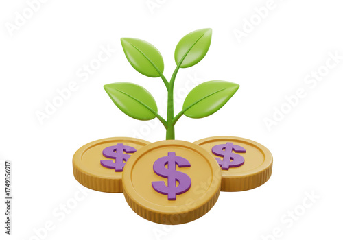 Money tree with dollar coins isolated PNG, financial growth and investment concept for business and economy on transparent background