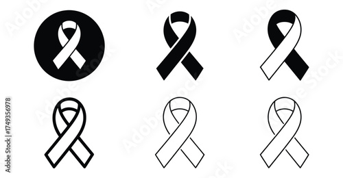 Set of six awareness ribbon icons in solid and outline styles—ideal for health, support, causes, remembrance, and social advocacy visuals