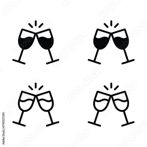 Set of four clinking wine glass icons in solid and outline styles, symbolizing celebration, toast, festivity, party, and social gathering