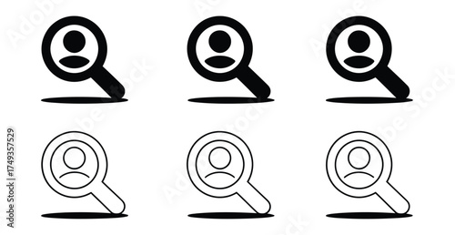 Set of six user search icons with magnifying glass and person symbol—solid and outline styles for HR, recruitment, and digital interfaces