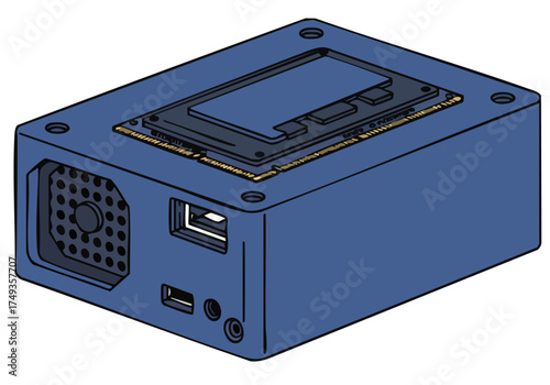 A stylized illustration of a compact Smart AI device. It features a blue enclosure with a central processor chip and connectivity ports. Clean, modern design. Suitable for tech and innovation themes.