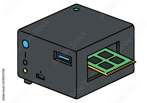 A stylized, dark gray cube PC with an open compartment revealing RAM sticks. Clean, modern illustration. Suitable for tech and digital concepts.