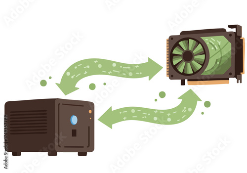 A stylized graphic depicts airflow from a graphics card to a computer case, symbolizing efficient cooling. Modern, clean illustration with green accents.