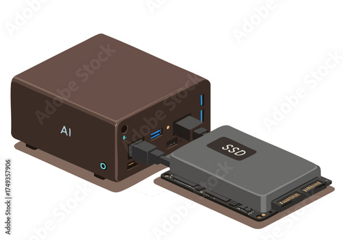 stylized isometric illustration showcases a mini storage device with an SSD highlighting its internal storage Clean modern design with a focus on data storage solutions
