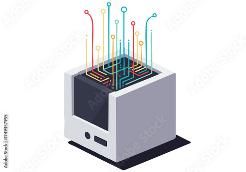 A stylized PC illustration showcases intricate circuit pathways flowing from a vintage computer, symbolizing smart technology. Modern, minimalist design with a dark background.
