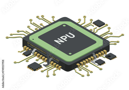 A stylized, isometric view of an NPU chip with intricate circuitry. Modern, technical, and visually appealing for digital backgrounds and tech-related content.