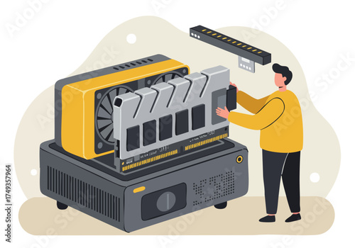 A technician installs RAM in a computer, showcasing a fast memory hub. Modern, professional setting with a focused male figure. Clean, bright illustration.