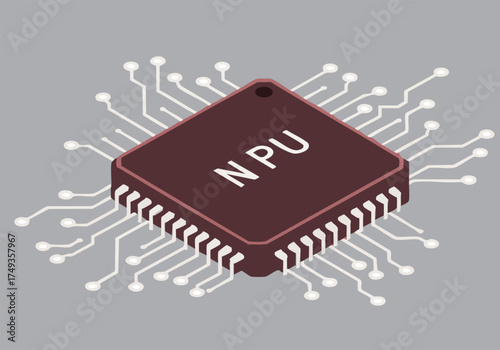 A stylized smart NPU chip illustration with circuit pathways. Modern, tech-focused design. Ideal for digital backgrounds and technology-related visuals.