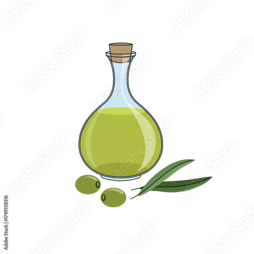 Olive oil bottle with oilves and leaves. Virgin organic healthy product. Vector cartoon flat modern minimalistic style. Vector illustration isolated on white background.