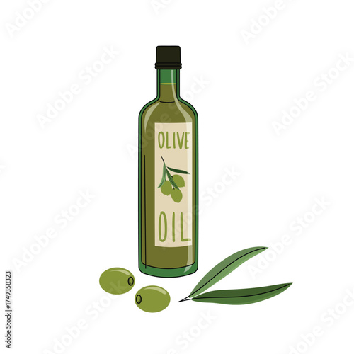Olive oil bottle with oilves and leaves. Virgin organic healthy product. Vector cartoon flat modern minimalistic style. Vector illustration isolated on white background.