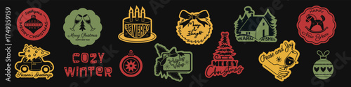 Vintage Christmas logo set. Hand drawn New Year lettering and holiday doodle design. Festive typographic template for greeting cards, posters, invitations, and cozy winter decor. Vector illustration.