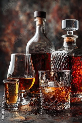 An assortment of alcoholic drinks in glasses and shot glasses: vodka, rum, cognac, tequila, brandy, and whiskey. Dark vintage background