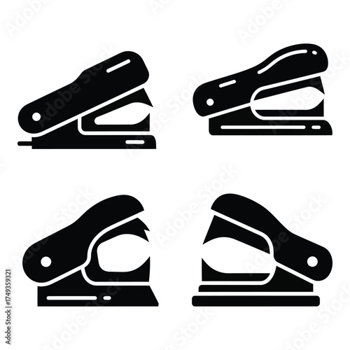 Four black silhouette staplers and hole punchers representing office supplies stationery tools silhouette