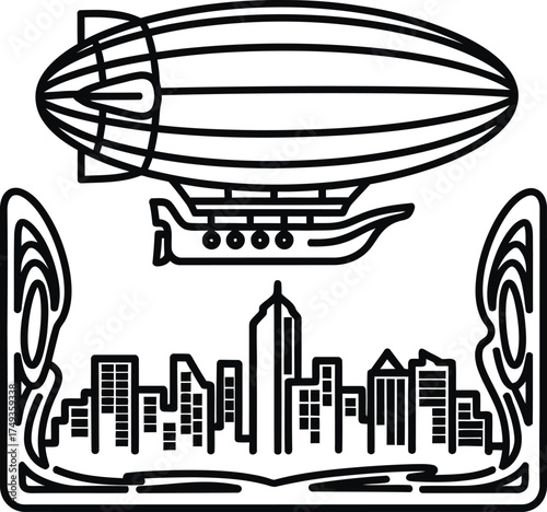 Stylized art deco airship flying above a modern city skyline silhouette with decorative borders