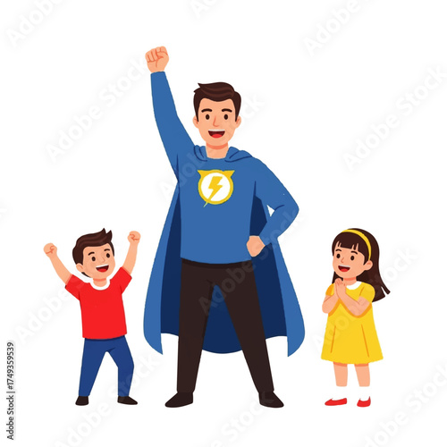 A father in a superhero costume stands with his two excited children, celebrating.