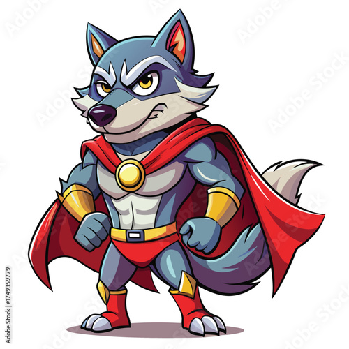 Cartoon wolf superhero character with muscular body and red cape