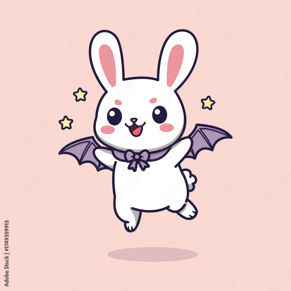Fototapeta premium Cute Cartoon Bunny with Bat Wings and Ribbon Jumping Among Stars . Vector Illustration of Whimsical Fantasy Character