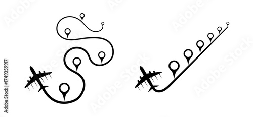 Airplane location pin markers, line with curve, straight line vector design. Simple and complex difficult complicated business process solution. Gps map markers illustration isolated on white. 