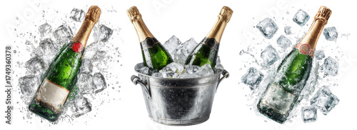 champagne bottles in an ice bucket and champagne bottle with ice cubes splash isolated on transparent background