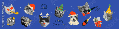 Trendy Christmas and New Year collage sticker set in vintage doodle style. Mixed media vector with champagne, cheers, and funny cats in Santa hats. Perfect for holiday cards, posters, and digital desi