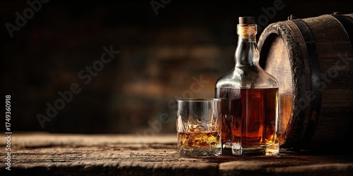 A bottle of whiskey, a glass, and an old wooden barrel. With copy space.