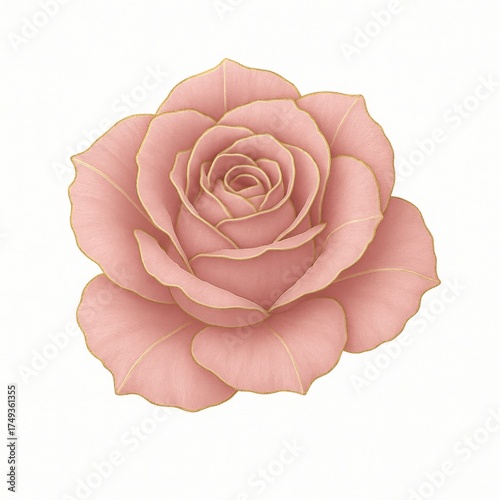 A delicate pink rose with golden outlines. The petals unfold gracefully, revealing the flower's intricate beauty
