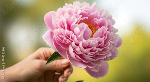 Pink Peony Blossom Held in Hand - A Moment of Floral Beauty.