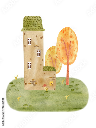 Cute watercolor autumn house surrounded by colorful trees and falling leaves. Cozy fall landscape perfect for seasonal cards, posters, prints, and home decor.
